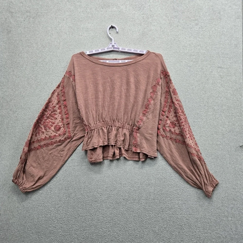 Free People Women Blouse S Mauve Floral Peplum Lace Embroidered Scoop Cropped